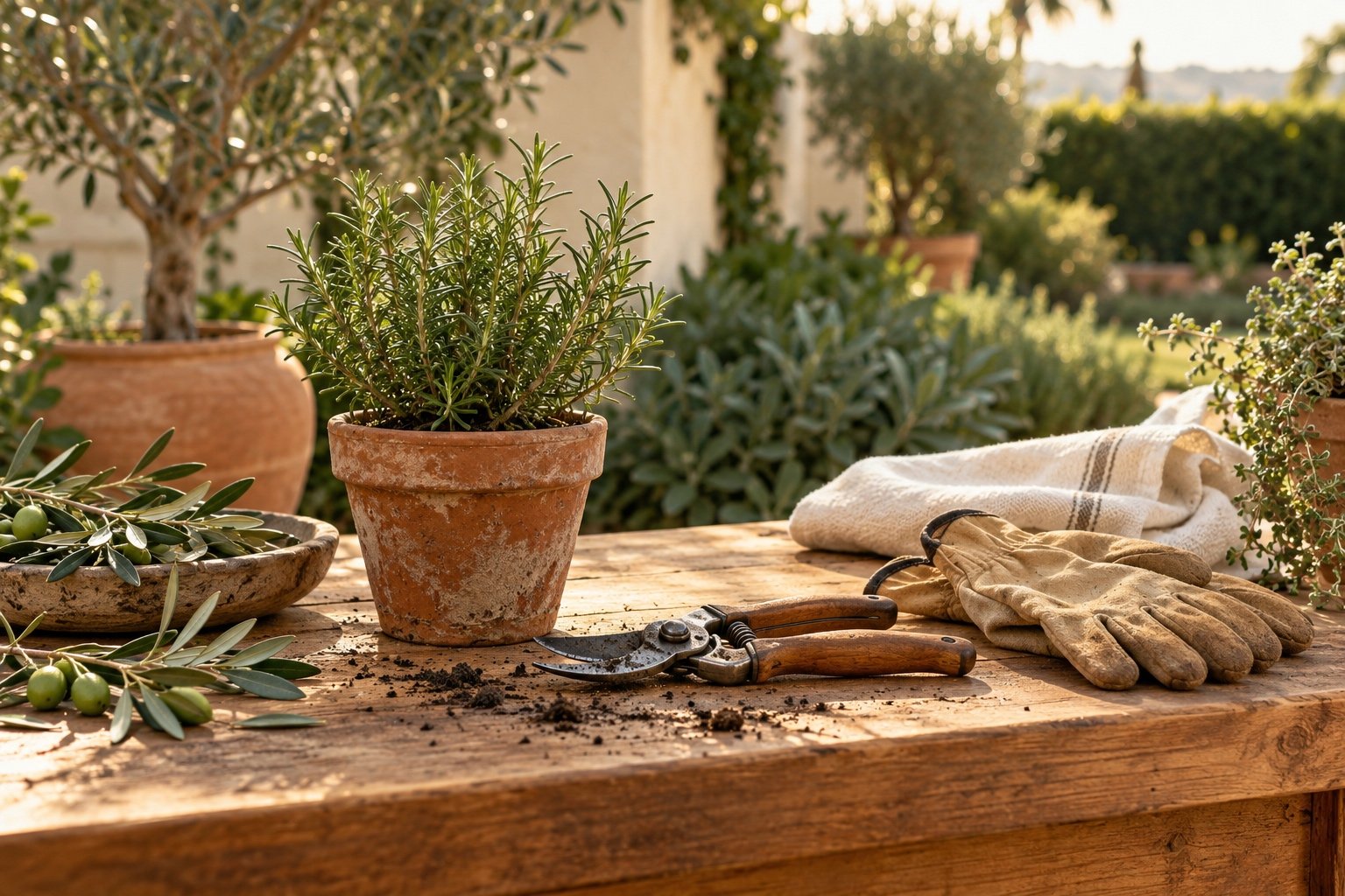 Garden tools, olive branches and a rosemary plant