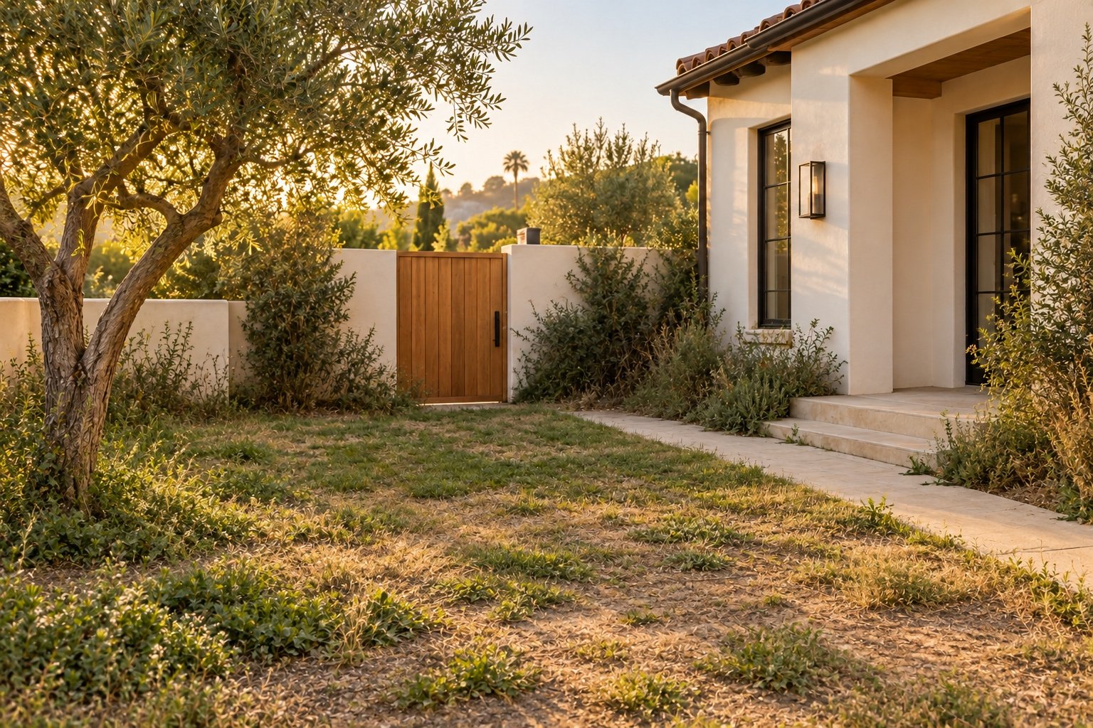 Before concept: the same courtyard with sparse planting and patchy lawn